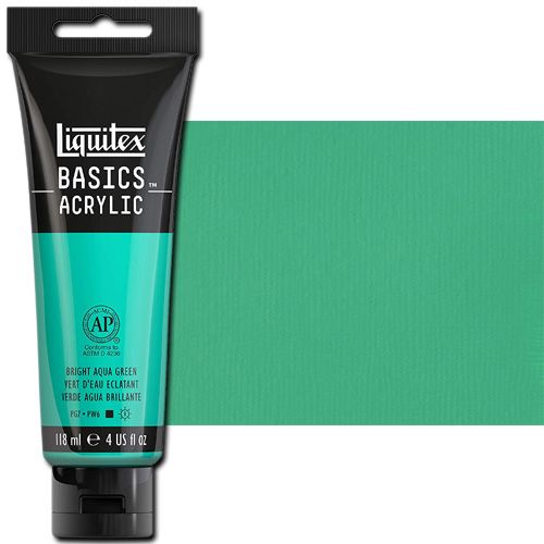 Liquitex 1046660 Basic Acrylic Paint, 4oz Tube, Bright Aqua Green; A heavy body acrylic with a buttery consistency for easy blending; It retains peaks and brush marks, and colors dry to a satin finish, eliminating surface glare; Dimensions 1.46