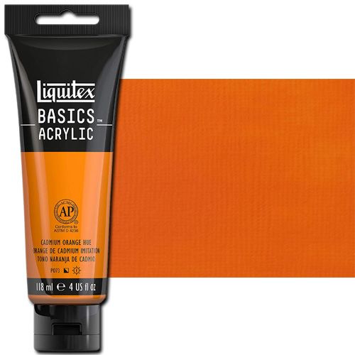 Liquitex 1046720 Basic Acrylic Paint, 4oz Tube, Cadmium Orange Hue; A heavy body acrylic with a buttery consistency for easy blending; It retains peaks and brush marks, and colors dry to a satin finish, eliminating surface glare; Dimensions 1.46