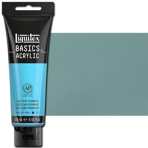 Liquitex 1046770 Basic Acrylic Paint, 4oz Tube, Light Blue Permanent; A heavy body acrylic with a buttery consistency for easy blending; It retains peaks and brush marks, and colors dry to a satin finish, eliminating surface glare; Dimensions 1.46