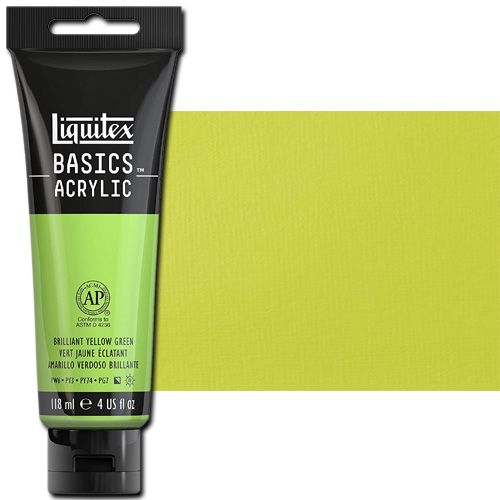Liquitex 1046840 Basic Acrylic Paint, 4oz Tube, Brilliant Yellow Green; A heavy body acrylic with a buttery consistency for easy blending; It retains peaks and brush marks, and colors dry to a satin finish, eliminating surface glare; Dimensions 1.46
