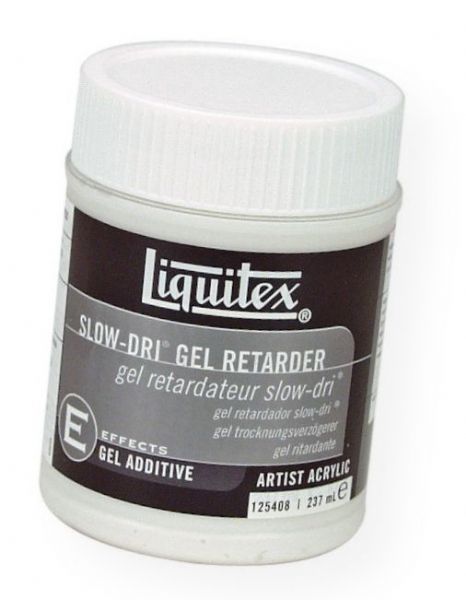 Liquitex 125408 Slow-Dri Gel Retarder 8 oz; Fluid consistency that thins all acrylic paint and mediums; Increases open working time of acrylic paint; Reduces paint skinning-over on palette; Increases blending time, making blending of colors and detail brushwork easier; Mix with acrylic paints and mediums to retard drying time up to 50%; Fluid consistency, made to be used with soft body colors and mediums; UPC 094376945898 (LIQUITEX125408 LIQUITEX-125408 SLOW-DRI-125408 ARTWORK)