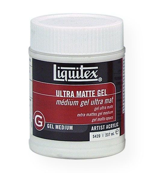 Liquitex 5420 Ultra Matte Gel Medium 8 oz; A translucent white gel of high density and high solids that economically extends the volume of acrylic color without changing its heavy body; Add up to 50% by volume to double amount of paint and retain color position; If more than 50% is added, it acts as a very weak tinting white; Maintains the opacity of the color better than using a clear gel medium; UPC 094376924091 (LIQUITEX5420 LIQUITEX-5420 -5420 ARTWORK)