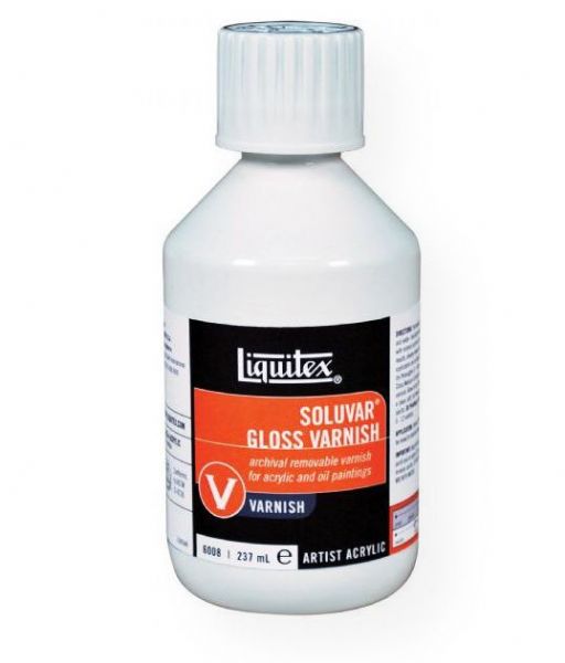 Liquitex 6008 Soluvar Gloss Archival Removable Varnish 8oz; Low viscosity, very fluid; Apply as a final varnish over dry acrylic or dry oil paint; Increases the depth and intensity of color; Permanent, removable, final varnish for acrylic and oil paintings that protects painting surface and allows for removal of surface dirt, without damaging painting underneath; UPC 094376926156 (LIQUITEX6008 LIQUITEX-6008 PAINTING)