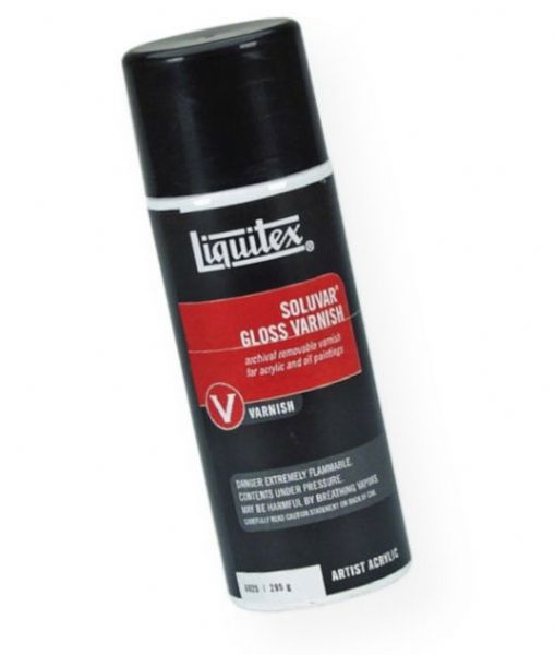 Liquitex 6025 Soluvar Gloss Archival Removable Varnish Aerosol 295g; Low viscosity, very fluid; Apply as a final varnish over dry acrylic or dry oil paint; Increases the depth and intensity of color; Permanent, removable, final varnish for acrylic and oil paintings that protects painting surface and allows for removal of surface dirt, without damaging painting underneath; UPC 094376945935 (LIQUITEX6025 LIQUITEX-6025 SOLUVAR-6025 PAINTING MEDIUM)