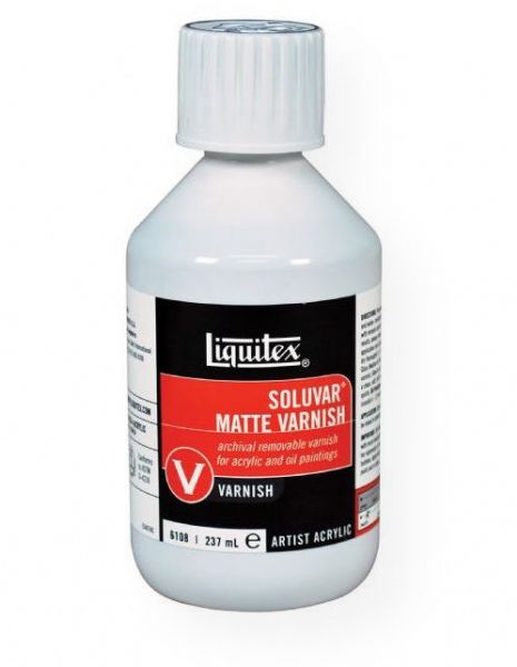 Liquitex 6108 Soluvar Matte Archival Removable Varnish 8oz; Low viscosity, very fluid; Apply as a final varnish over dry acrylic or dry oil paint; Increases the depth and intensity of color; Permanent, removable, final varnish for acrylic and oil paintings that protects painting surface and allows for removal of surface dirt, without damaging painting underneath; UPC 094376926187 (LIQUITEX6108 LIQUITEX-6108 PAINTING)