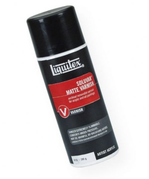 Liquitex 6125 Soluvar Matte Archival Removable Varnish Aerosol 295g; Low viscosity, very fluid; Apply as a final varnish over dry acrylic or dry oil paint; Increases the depth and intensity of color; Permanent, removable, final varnish for acrylic and oil paintings that protects painting surface and allows for removal of surface dirt, without damaging painting underneath; UPC 094376945942 (LIQUITEX6125 LIQUITEX-6125 SOLUVAR-6125 PAINTING)