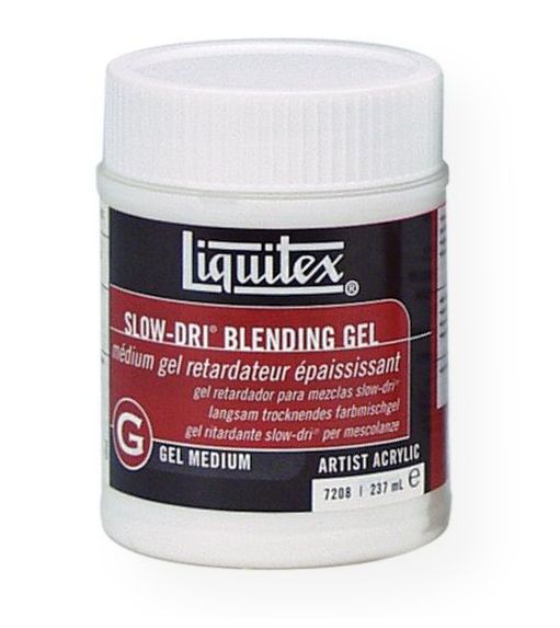 Liquitex 7208 Slow-Dri Blending Gel Medium 8 oz; A unique, heavy body formulation for superior surface blending with acrylic paints; Extends drying time up to 40% for superior surface blending with acrylic paints; Mix any amount into color to enhance the depth of color intensity, increase transparency, gloss, and add flexibility and adhesion to paint film; Dries clear to reveal full, rich color; UPC 094376931488 (LIQUITEX7208 LIQUITEX-7208 SLOW-DRI-7208 ARTWORK)