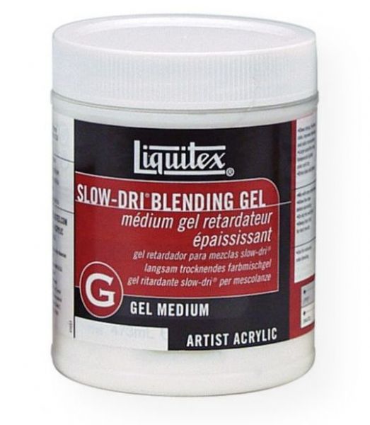 Liquitex 7216 Slow-Dri Blending Gel Medium 16 oz; A unique, heavy body formulation for superior surface blending with acrylic paints; Extends drying time up to 40% for superior surface blending with acrylic paints; Mix any amount into color to enhance the depth of color intensity, increase transparency, gloss, and add flexibility and adhesion to paint film; Dries clear to reveal full, rich color; UPC 094376931495 (LIQUITEX7216 LIQUITEX-7216 SLOW-DRI-7216 PAINTING MEDIUM)