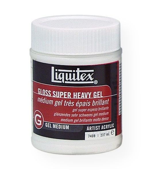 Liquitex 7408 Gloss Super Heavy Gel Medium 8 oz; Extremely thick, extra heavy body clear gel; Very dense with high surface drag for a stiff oil-like feel; Dries clear to translucent depending on thickness of the application; Very little shrinkage during drying time; Excellent adhesion for collage and mixed media; Extends paint, increases brilliance and transparency; Keeps paint working longer than other gel mediums; UPC 094376931532 (LIQUITEX7408 LIQUITEX-7408 ARTWORK)