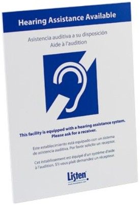 Listen Technologies LA-303 Multi-Lingual Assistive Listening Notification Sign, Clearly Communicates The Availability Of Your Assistive Listening System, Meets Compliance Requirements For Assistive Listening Signage, Dense Foam Core Construction Makes Each Sign Light And Durable, Easily Mounted To A Wall Or Displayed On A Table Top With The Included Easel (LISTENTECHNOLOGIESLA303 LA303 LA 303) 