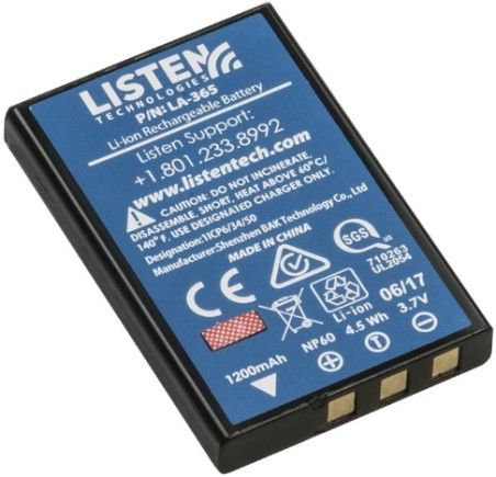 Listen Technologies LA-365 Replacement Rechargeable Li-ion Battery, Lithium-ion NP60 Battery, 1200 mAh, 3.7 V, Environmentally Friendly and Long Lasting, Quick to Recharge, From Discharged to Fully Charged in 2 - 2.5 hrs When Used with iDSP Receivers and 1-2 hrs When Used with ListenPoint M1 Microphone (LISTENTECHNOLOGIESLA365 LA365 LA 365) 