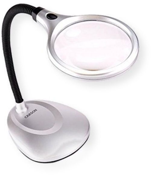Carson LM-20 DeskBrite LED Magnifier Desk Lamp; This lamp has a 2x lens with a 5x power spot lens and features two super bright LED lights; Its large 4