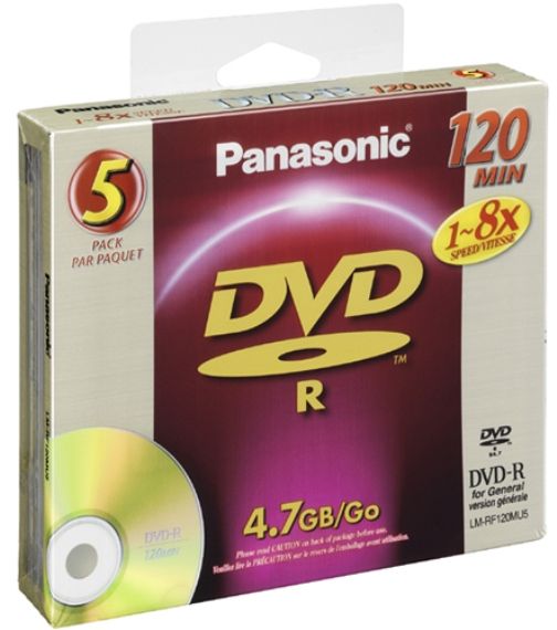 Panasonic LM-RF120MU5 DVD-R Discs for Video & Data 5-pack of 1-8x-Speed, Single-sided 120 minute (4.7GB/Non-cartridge), Compatible Players DVD Video Recorders and Recordable DVD-R Drives for Computers (LMRF120MU5 LM RF120MU5)