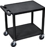 Luxor LP26E-B Presentation AV Cart with 2 Shelves, Black; Made of recycled high density polyethylene structural foam molded plastic shelves that will not scratch, dent, rust or stain; 400 Lb. weight capacity, evenly distributed throughout two shelves; Heavy duty 4" casters two with brake; 1/4" retaining lip around each shelf; UPC 812552013090 (LP26EB LP26E LP-26E-B LP 26E-B) 
