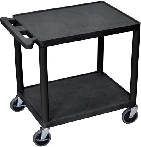 Luxor LP26E-B Presentation AV Cart with 2 Shelves, Black; Made of recycled high density polyethylene structural foam molded plastic shelves that will not scratch, dent, rust or stain; 400 Lb. weight capacity, evenly distributed throughout two shelves; Heavy duty 4