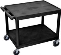 Luxor LP27E-B Presentation AV Cart with 2 Shelves, Black; Made of recycled high density polyethylene structural foam molded plastic shelves that will not scratch, dent, rust or stain; 400 Lb. weight capacity, evenly distributed throughout two shelves; Heavy duty 4" casters two with brake; 1/4" retaining lip around each shelf; UPC 812552013137 (LP27EB LP27E LP-27E-B LP 27E-B) 