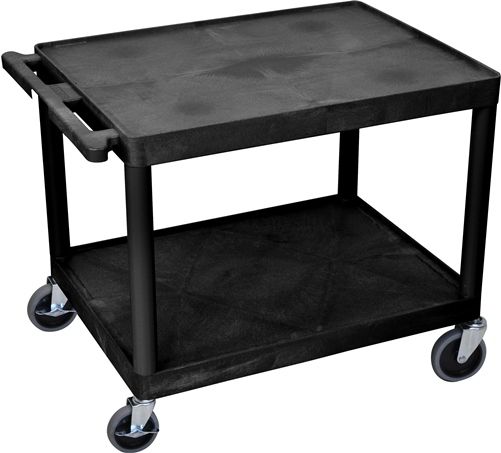 Luxor LP27E-B Presentation AV Cart with 2 Shelves, Black; Made of recycled high density polyethylene structural foam molded plastic shelves that will not scratch, dent, rust or stain; 400 Lb. weight capacity, evenly distributed throughout two shelves; Heavy duty 4