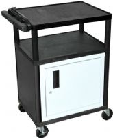 Luxor LP34CE-B Presentation AV Cart with 3 Shelves, Black; Includes 20 gauge steel cabinet with powder coat paint finish; Made of recycled high density polyethylene structural foam molded plastic shelves that will not scratch, dent, rust or stain; 400 Lb. weight capacity, evenly distributed throughout two shelves; UPC 812552018248 (LP34CEB LP34CE LP-34CE-B LP 34CE-B) 