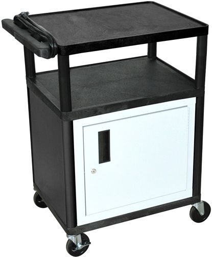 Luxor LP34CE-B Presentation AV Cart with 3 Shelves, Black; Includes 20 gauge steel cabinet with powder coat paint finish; Made of recycled high density polyethylene structural foam molded plastic shelves that will not scratch, dent, rust or stain; 400 Lb. weight capacity, evenly distributed throughout two shelves; UPC 812552018248 (LP34CEB LP34CE LP-34CE-B LP 34CE-B)