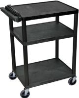 Luxor LP34E-B Presentation AV Cart with 3 Shelves, Black; Made of recycled high density polyethylene structural foam molded plastic shelves that will not scratch, dent, rust or stain; 400 Lb. weight capacity, evenly distributed throughout three shelves; Heavy duty 4" casters two with brake; 1/4" retaining lip around each shelf; UPC 812552013175 (LP34EB LP34E LP-34E-B LP 34E-B) 