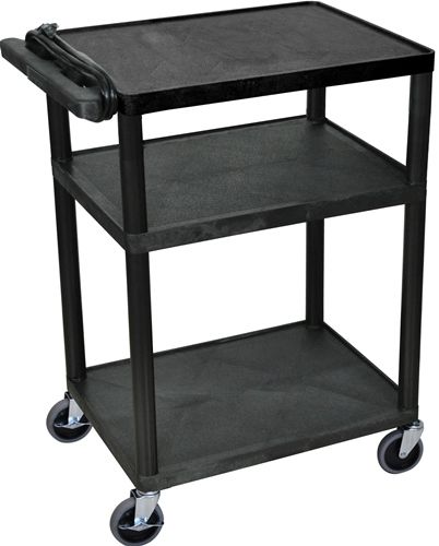 Luxor LP34E-B Presentation AV Cart with 3 Shelves, Black; Made of recycled high density polyethylene structural foam molded plastic shelves that will not scratch, dent, rust or stain; 400 Lb. weight capacity, evenly distributed throughout three shelves; Heavy duty 4