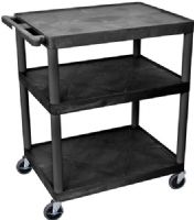 Luxor LP40E-B Presentation AV Cart with 3 Shelves, Black; Made of recycled high density polyethylene structural foam molded plastic shelves that will not scratch, dent, rust or stain; 400 Lb. weight capacity, evenly distributed throughout three shelves; Heavy duty 4" casters two with brake; 1/4" retaining lip around each shelf; UPC 812552013212 (LP40EB LP40E LP-40E-B LP 40E-B) 