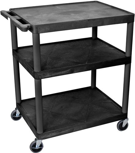 Luxor LP40E-B Presentation AV Cart with 3 Shelves, Black; Made of recycled high density polyethylene structural foam molded plastic shelves that will not scratch, dent, rust or stain; 400 Lb. weight capacity, evenly distributed throughout three shelves; Heavy duty 4
