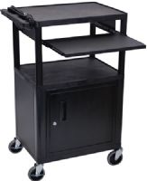 Luxor LP42CLE-B Presentation Station AV Cart with 3 Shelves, Black; Includes 20 gauge steel cabinet with powder coat paint finish; Includes front pull out shelf 15 5/8" x 19 7/16"; Made of recycled high density polyethylene structural foam molded plastic shelves that will not scratch, dent, rust or stain; UPC 812552014622 (LP42CLEB LP42CLE LP-42CLE-B LP42-CLE-B) 