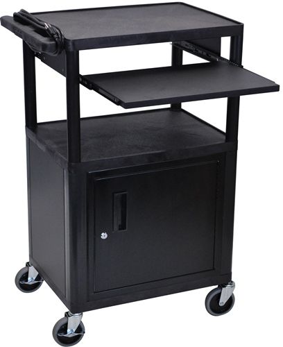 Luxor LP42CLE-B Presentation Station AV Cart with 3 Shelves, Black; Includes 20 gauge steel cabinet with powder coat paint finish; Includes front pull out shelf 15 5/8