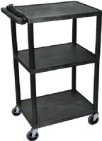 Luxor LP42E-B Presentation AV Cart with 3 Shelves, Black; Made of recycled high density polyethylene structural foam molded plastic shelves that will not scratch, dent, rust or stain; 400 Lb. weight capacity, evenly distributed throughout three shelves; Heavy duty 4" casters two with brake; 1/4" retaining lip around each shelf; UPC 812552013250 (LP42EB LP42E LP-42E-B LP 42E-B) 
