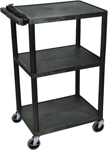Luxor LP42E-B Presentation AV Cart with 3 Shelves, Black; Made of recycled high density polyethylene structural foam molded plastic shelves that will not scratch, dent, rust or stain; 400 Lb. weight capacity, evenly distributed throughout three shelves; Heavy duty 4