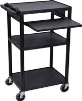 Luxor LP42LE-B Presentation AV Cart with 3 Shelves, Black; Includes front pull out shelf 15 5/8" x 19 7/16"; Made of recycled high density polyethylene structural foam molded plastic shelves that will not scratch, dent, rust or stain; 400 Lb. weight capacity, evenly distributed throughout three shelves; UPC 812552014653 (LP42LEB LP42LE LP-42LE-B LP 42LE-B) 