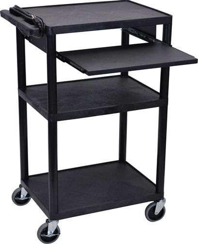 Luxor LP42LE-B Presentation AV Cart with 3 Shelves, Black; Includes front pull out shelf 15 5/8