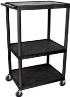 Luxor LP54E-B Presentation AV Cart with 3 Shelves, Black; Made of recycled high density polyethylene structural foam molded plastic shelves that will not scratch, dent, rust or stain; 400 Lb. weight capacity, evenly distributed throughout three shelves; Heavy duty 4" casters two with brake; 1/4" retaining lip around each shelf; UPC 812552013335 (LP54EB LP54E LP-54E-B LP 54E-B) 