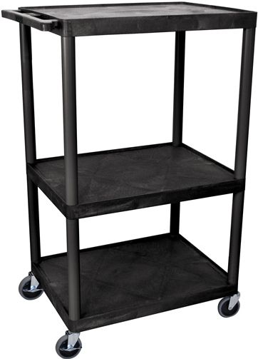 Luxor LP54E-B Presentation AV Cart with 3 Shelves, Black; Made of recycled high density polyethylene structural foam molded plastic shelves that will not scratch, dent, rust or stain; 400 Lb. weight capacity, evenly distributed throughout three shelves; Heavy duty 4