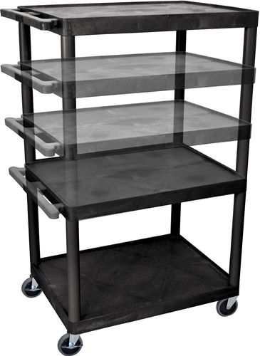 Luxor LPLDUO-B Multi Height Presentation AV Cart with 3 Shelves, Black; Have shelves and legs made from high density polyethylene structural foam molded plastic; Integral safety push handle which is molded into top shelf for sturdy grip; Molded plastic shelves and legs won't stain, scratch, dent or rust; 1/4