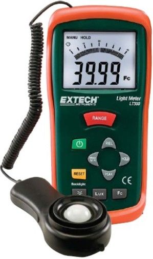 Extech LT300-NIST Light Meter with NIST Certificate; Measures light intensity up to 20000 Foot-candles or Lux; With high resolution to 0.01 Fc/Lux; Relative mode indicates change in light levels; Peak mode capture highest reading; Remote light sensor on 12 in. coiled cable, expandable to 24 in.; Utilizes precision photo diode and color correction filter; UPC: 793950473016 (EXTECHLT300NIST EXTECH LT300-NIST LIGHT METER)