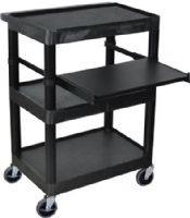 Luxor LT34-B Heavy Duty Presentation AV Cart with 3 Shelves, Black; Versatile sit down laptop/overhead or standard computer workstation with a middle shelf; Includes an adjustable keyboard shelf, surge electric and 4" casters, two with locking brake; 3-outlet surge suppressing electrical assembly mounts; Easy Assembly; Dimensions 24"W x 15 3/4"D x 34"H; Weight 38 lbs.; UPC 812552013496 (LT34B LT34 LT-34-B LT 34-B) 