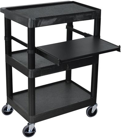 Luxor LT34-B Heavy Duty Presentation AV Cart with 3 Shelves, Black; Versatile sit down laptop/overhead or standard computer workstation with a middle shelf; Includes an adjustable keyboard shelf, surge electric and 4
