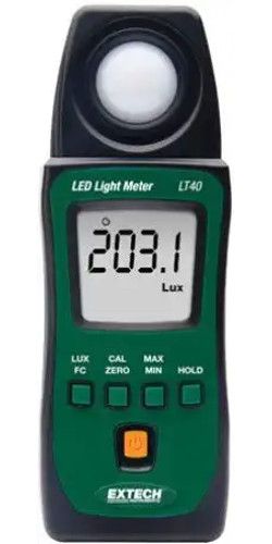 Extech LT40 LED Light Meter; Measure white LED and Standard Lighting in Lux or Foot-Candle (Fc) units; Built-in sensor with protective cover; 4000 count LCD display; Cosine and color corrected measurements; Min/Max Average and Auto Power Off; Complete with built-in sensor with protective cover, 2 AAA batteries and pouch; UPC 793950470145 (LT-40 LT 40)