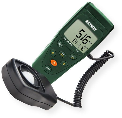 Extech LT40-NIST LED Light Meter with NIST compliance; Measure white LED and Standard Lighting in Lux or Foot Candle Fc units; Built in sensor with protective cover; 4000 count LCD display; Cosine and color corrected measurements; Min Max Average and Auto Power Off; Complete with 2 AAA batteries, and pouch; Dimensions: 5.2 x 1.9 x 1 in.; Weight: 1 pounds; UPC: 793950471142 (LT40NIST LT40-NIST LT-40-NIST EXTECHLT40NIST EXTECH-LT40NIST EXTECH-LT40-NIST)