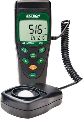 Extech LT45 Color LED Light Meter, Measure the Illuminance of White and Color LED Lights; Measure White, Red, Yellow, Green, Blue, and Purple LED and Standard Lighting in Lux or Foot-Candle (Fc) units; Manually store/recall up to 99 readings; 4000 count LCD display; Cosine and color corrected measurements; Min/Max Average and Auto Power Off; UPC 79395047015 (EXTECHLT45 EXTECH LT45 LIGHT METER)