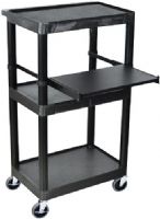 Luxor LT45-B Heavy Duty Presentation AV Cart with 3 Shelves and Keyboard Tray, Black; Integral safety push handle is molded in to top shelf; 15', 3-outlet surge suppressing electrical assembly; "Cable Track" cord-management system keeps cords neatly secured and free of entanglements; Four 4" casters, two with locking brake; UPC 812552013519 (LT45B LT45 LT-45-B LT 45-B) 