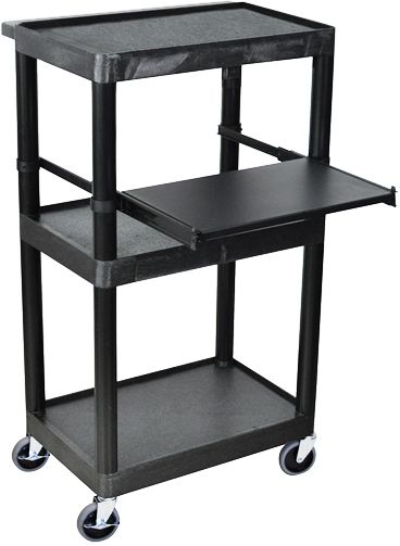 Luxor LT45-B Heavy Duty Presentation AV Cart with 3 Shelves and Keyboard Tray, Black; Integral safety push handle is molded in to top shelf; 15', 3-outlet surge suppressing electrical assembly; 