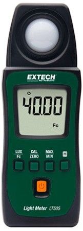 Extech LT505 Pocket Light Meter; Measure Light Levels in Foot-Candle (Fc) or Lux Units Using a Precision Photo Diode with Cosine and Color Correction Filter; Zero/Calibration Function; Data Hold and Min/Max Functions; Auto Power Off with Disable; Complete with Light Sensor Cover, Two AAA Batteries, and Pouch; UPC 793950475157 (LT-505 LT 505)