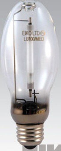 Eiko LU100/MED model 15310 High Pressure Sodium Light Bulb, 55 Volts, 100 Watts, Clear Coating, 5.44/138.0 MOL in/mm, 2.17/55.0 MOD in/mm, 24000 Average Life, 9500 Approx Initial Lumens, 8550 Approx Mean Lumens, 3.50/88.9 LCL in/mm, 2100 Color Temperature Degrees of Kelvin, ED-17 Bulb, E26 Medium Screw Base, S54 ANSI Ballast, 21 CRI, Universal Burning Position, UPC 031293153104 (15310 LU100MED LU100 MED LU100-MED EIKO15310 EIKO-15310 EIKO 15310)