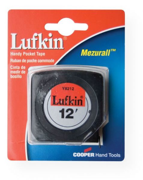 Lufkin Y8212 Economy 12' Tape Measure; Yellow clad tapes with black and red markings on one side; Lightweight, high-strength black matte finish case; Graduations in feet and inches to 0.0625 on the top edge, in inches to 0.0625 on the bottom edge (first 12