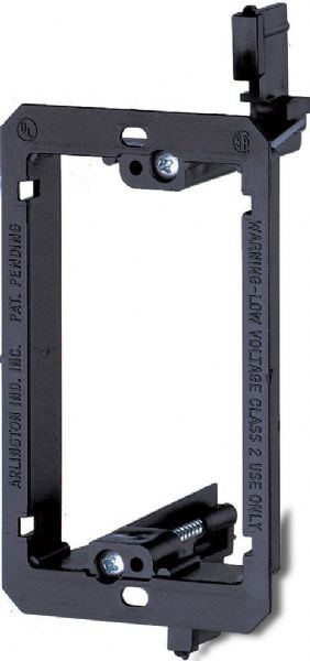 Arlington LV1 Low Voltage Mounting Bracket; Non-metallicbetter than metal and costs less too; For communications, cable TV, computer wiring; Cat 5 listed; Adjusts to fit 1/4 to 1 thick wallboard, paneling, or drywall; Bracket is its own template for cut out; Mounting wings hold bracket securely against wall when screws are tightened; UPC 018997581754; Weight 0.05 Lbs (LV1 L V 1 L-V-1 L-V1 LV-1)