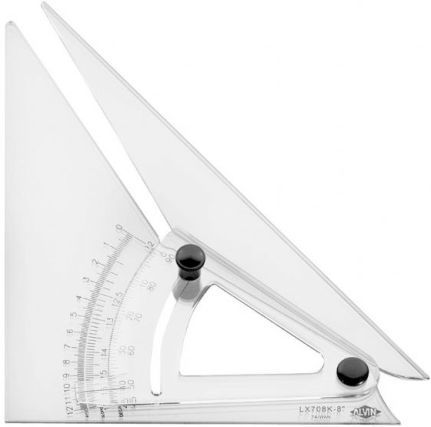 Alvin LX710K Computing Trig-Scale Adjustable Triangle with Inking Edge 10, Rise and slope hot-stamped graduations, Inking edges on all three sidesm, Thumbscrew locks triangle securely at desired angle, 0.12 in thick light blue optically clear acrylic, Detailed instructions included, Ship Weight 0.44 lbs, UPC 088354102106, Harmonized Code 0009017208080 (LX-710K LX 710K)