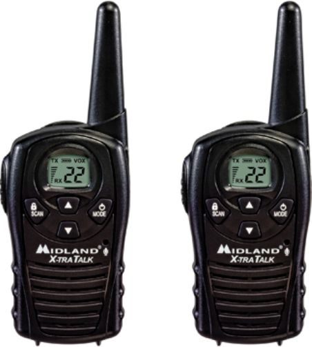 Midland LXT118 Two-Way Hunting Radios, 22 Channels, Up to 18 Mile Range, Frequency band 462.550 ~ 467.7125 MHz, Display Size (W x H) .687 x .5 in, Auto Squelch, eVOX - 1 Sensitivity Level, Silent Operation, Channel Scan, Keypad Lock, Keystroke Tones, Water Resistant, Mic and Headphone Jacks, Charges through the headset jack, Battery Life Extender, UPC 046014501188 (LXT-118 LXT 118 LX-T118)